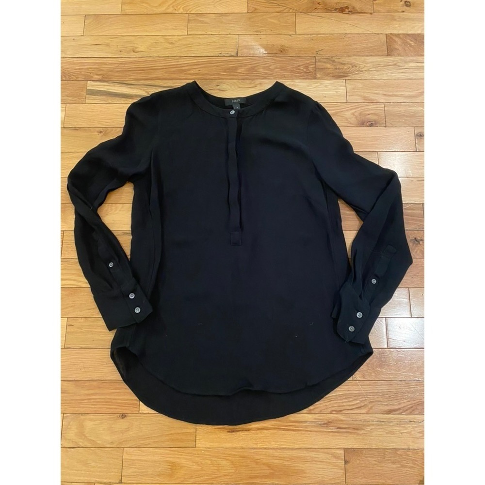 J.Crew Womens Black Long Sleeve Collarless Henley Blouse Size 4 Solid Workwear